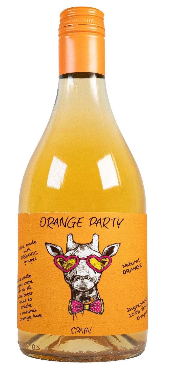 Orange Party bottle with an orange label and a giraffe wearing heart-shaped glasses